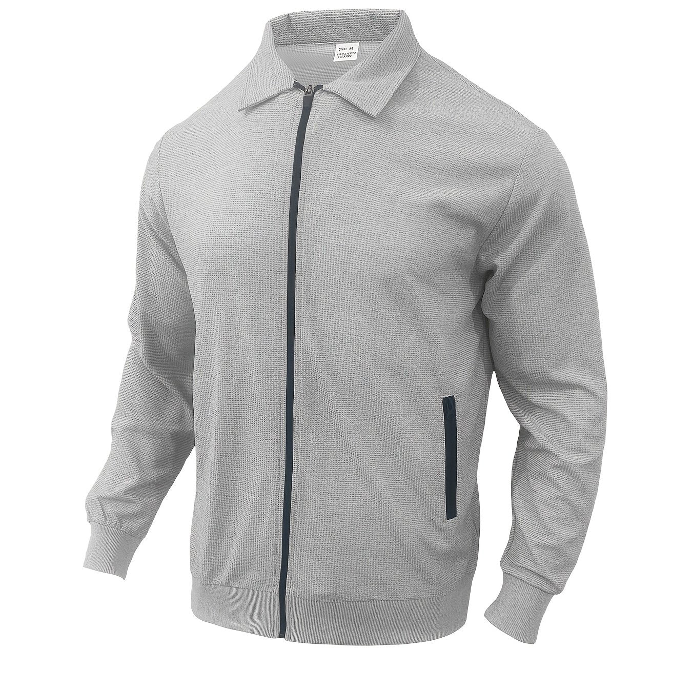 Men'S Lightweight Waffle-Knit Zip-Up Jacket - Casual Long Sleeve with Pockets, Loose Fit for Spring & Fall, Gray, Perfect for Outdoor Activities, Running, and Evening Outings, Spring Fall Clothing | Waffle Texture | Durable C