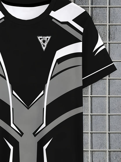 Men's Lightweight Summer T-Shirt - Black/White Print Tee with Modern Angular Lines - Breathable Fabric for Everyday  Formal Outfits - Casual Crewneck Shirt for Hot Weather, Summer T Shirts, Stylish Streetwear, Nontransparent