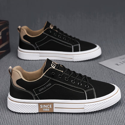 Men's Casual Low-Top Sneakers - Breathable Fabric  Durable PVC Sole, Black  Beige Contrast Design, Lace-Up Round Toe for All-Season Comfort, Versatile for Casual  Semi-Formal Wear, Comfortable Footwear, Fabric Upper