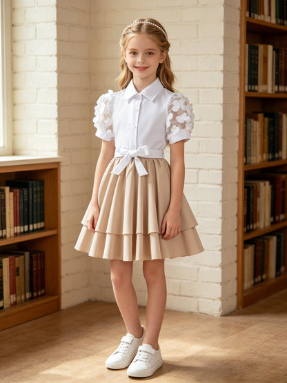 Girls' Summer Layered Skirt Set with Floral Tulle Top & Cardigan