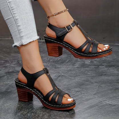 Women'S Fashion Open-Toe Strappy Sandals with Adjustable Ankle Strap, Mid-Heel, Solid Color, Faux Cover Upper  TPU Sole - Elegant Footwear for Casual Wear, Strappy Sandals
