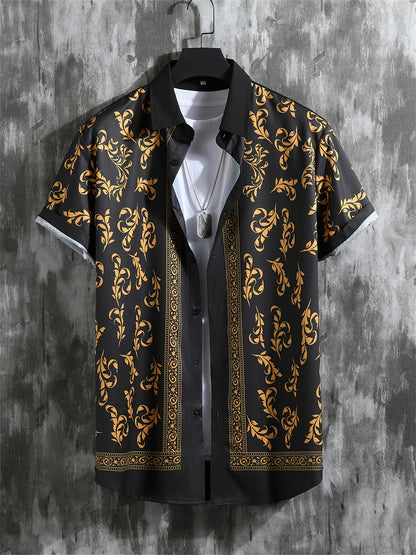 Men's Casual Summer Outfit Set, Short Sleeve Shirt And Pants, Floral Print, Polyester Blend, Machine Washable