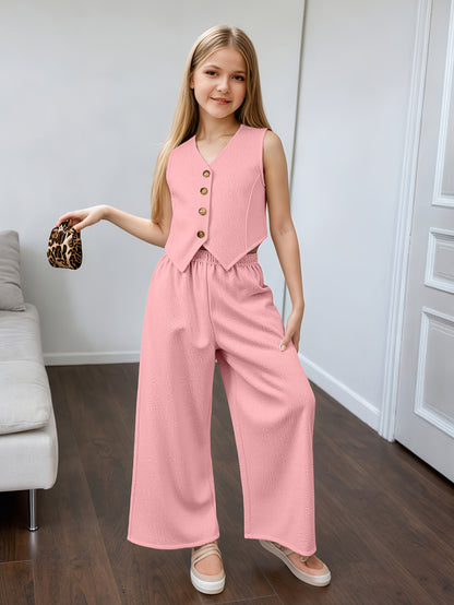 Girls' Summer Casual Set: Vest and Wide-Leg Pants Outfit