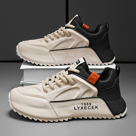 LYXCEK Men's Summer Casual Running Shoes - Trendy Chunky Sneakers with Height Boost, Black  Beige, Lace-Up, Breathable Fabric Lining, Non-Slip PVC Sole, Fit