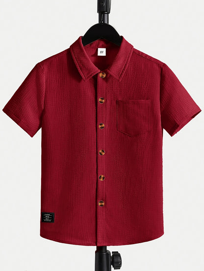 Boys' Casual Monochrome Short-Sleeve Shirt with Chest Pocket