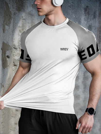 Men's Quick-Dry Breathable Mesh Sports T-Shirt - Summer Gym Workout Top with Contrast Black  White Sleeves  for Man Letter Print, Slim Fit for Running Training Casual Wear, Breathable Running Gear   Sporty Casual Tee   Mesh