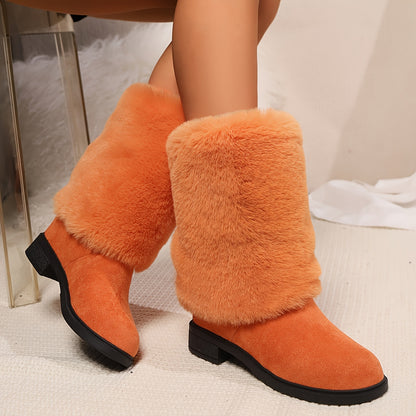 Women's Fashion Solid Color Mid-Calf Fluffy Boots with Slip-On Closure, Plain Toe Platform Heel, Comfy & Warm Fabric-Lined Winter Footwear - TPR Sole, Mid Heel, European Special from Huizhou