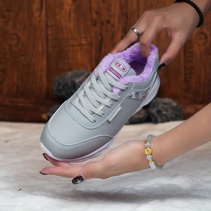 Women's Winter Thermal Fleece-Like Short Boots - Grey & Pink Synthetic Upper, Sole Traction, Lace-Up Low-Top Snow Shoes for Ice Walking, Casual & - Warm Cold Weather Outdoor Footwear