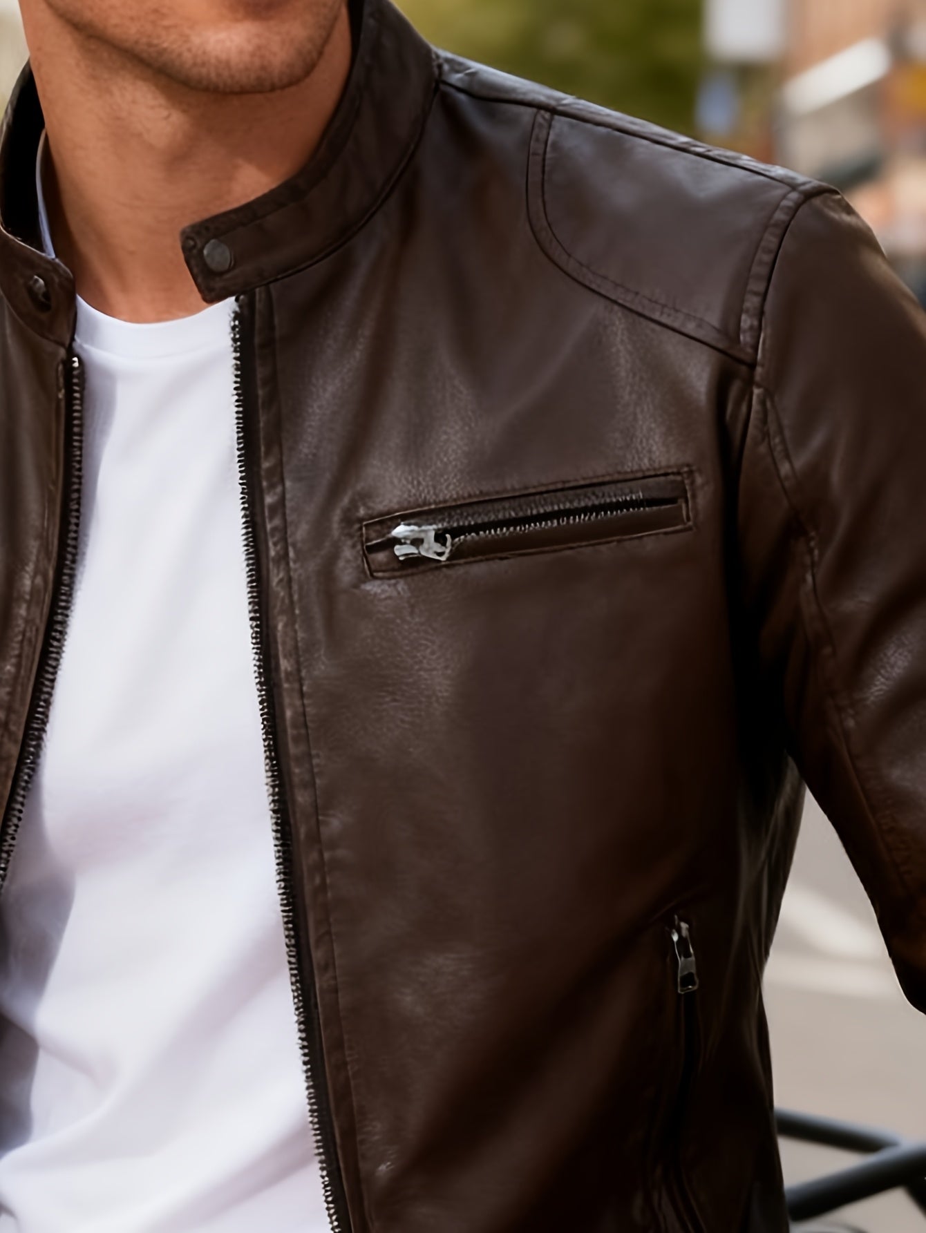 Men's Slim Fit Faux Leather Biker Jacket with Stand Collar