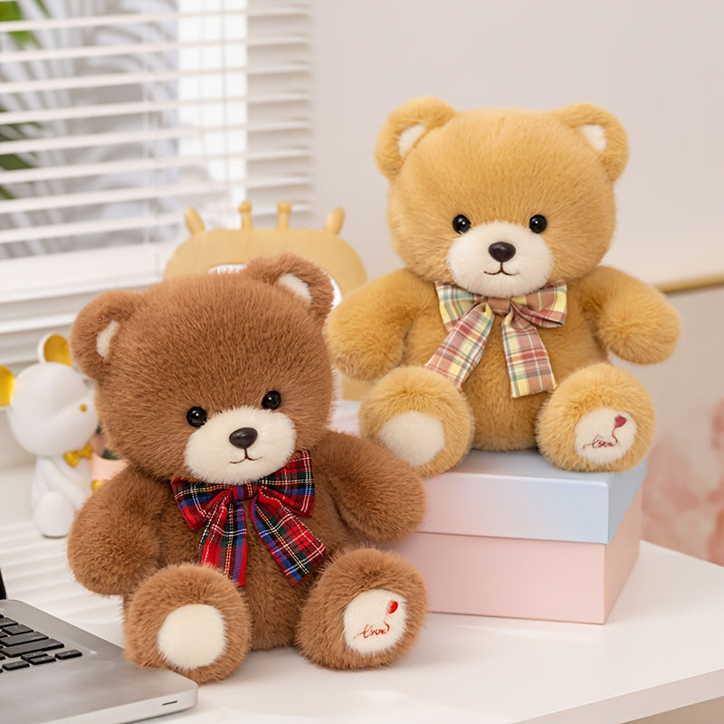 25cm/9.84in Tie Teddy Bear Plush Toy - Soft Stuffed Animal with Red Bow Tie, Light Brown & Yellow, Perfect for Halloween, Easter, Christmas & Birthday Gifts, Cute Stuffed Animal, Holiday Gift Item, Playful Design, Quality Cra