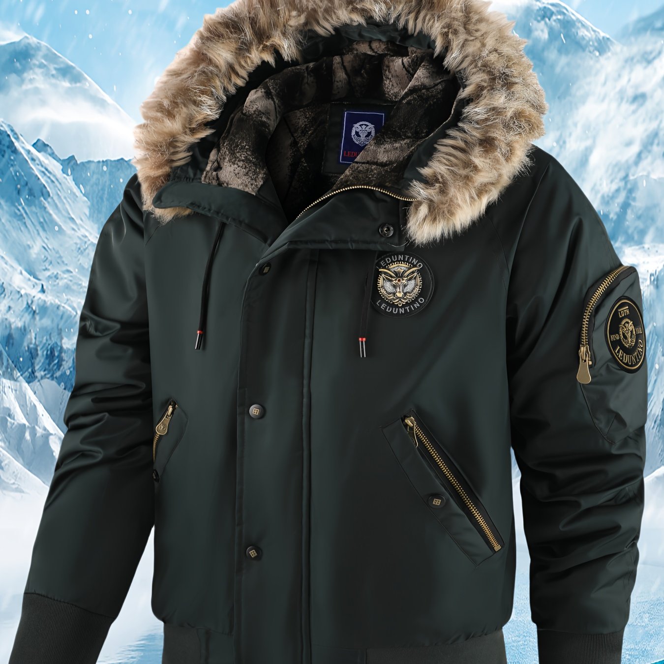 Men's Winter Coat - New Warm Hooded Jacket with Golden Print Accents, Loose Fit Casual Outerwear for Cold Weather, Machine Washable, Thick Comfort Plush Lining