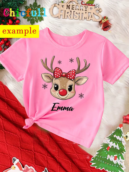 CHICFULL Girls' Personalized Name/Text Christmas Rudolph & Polka Bow T-Shirt - Red Smiling Reindeer Print with Golden Lettering, Soft Round Neck Casual Knit Top for Spring/Summer & Christmas, Machine Washable - Girls' Birthda