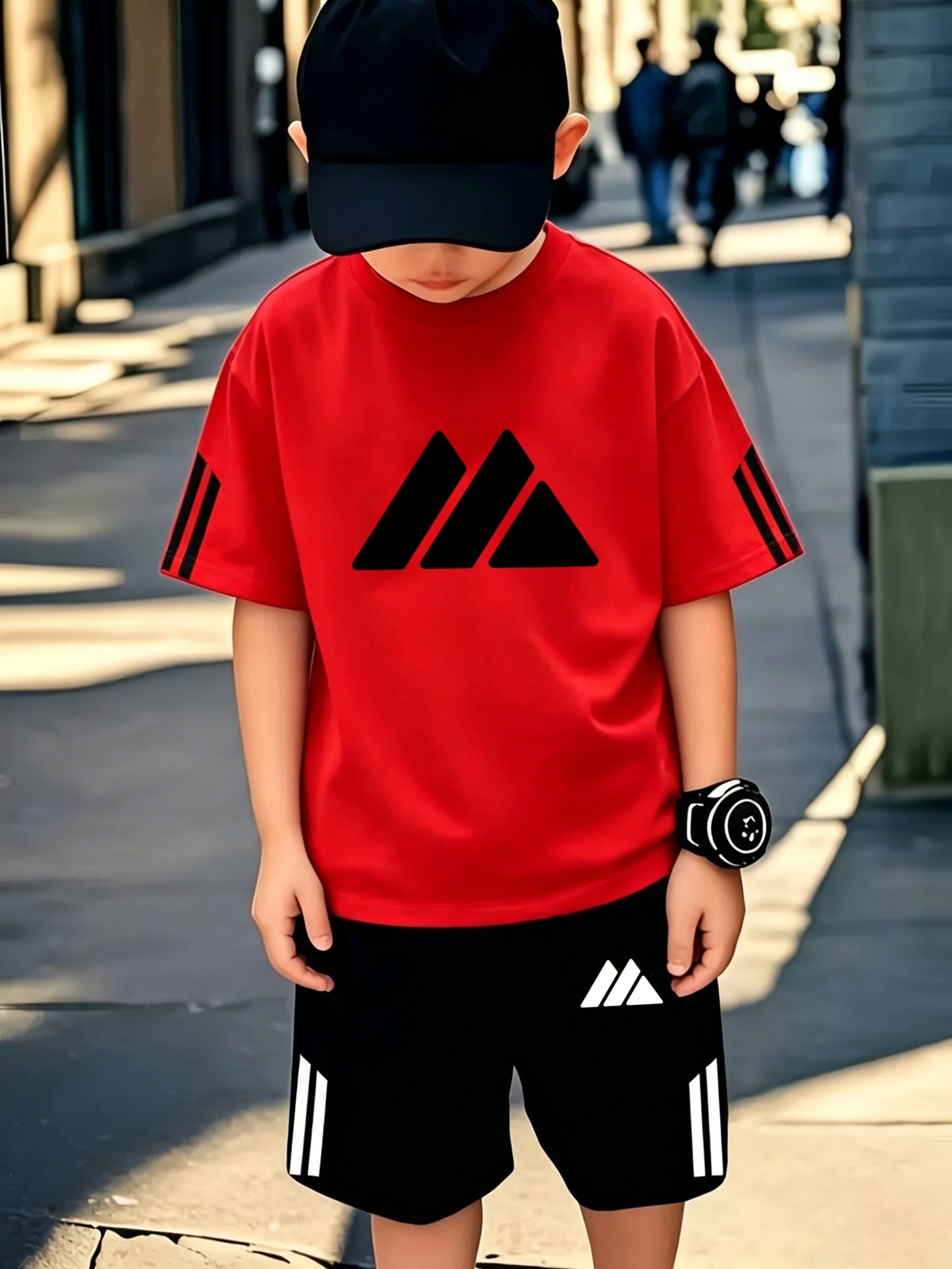 Boys' Casual Sports Set with Mountain Print, Polyester, Ages 7-12