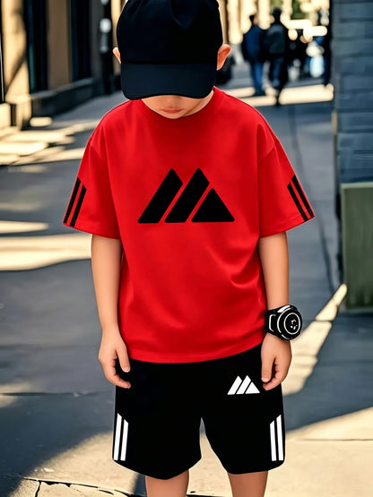 Boys' Casual Sports Set with Mountain Print, Polyester, Ages 7-12