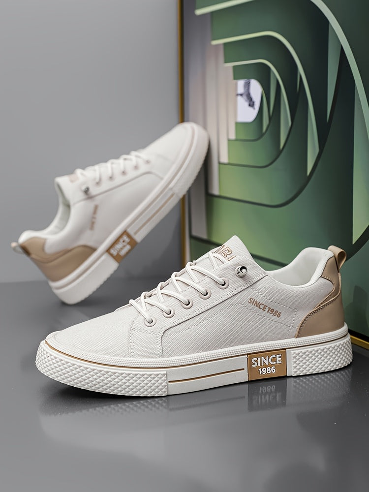 Men's Casual Low-Top Sneakers - Breathable Fabric  Durable PVC Sole, Black  Beige Contrast Design, Lace-Up Round Toe for All-Season Comfort, Versatile for Casual  Semi-Formal Wear, Comfortable Footwear, Fabric Upper
