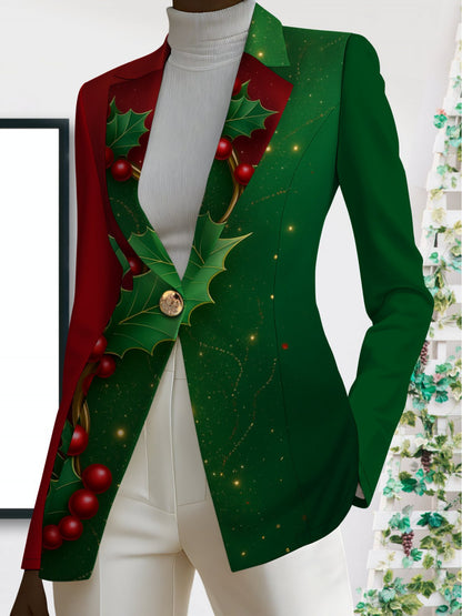 Women's Elegant Red/Green Holly Berry Jacket & White Pants Suit - X-Line Tailored Blazer with Collar, -Tone Buttons, -Free Winter Coat for, Weddings, Parties - Machine Washable Autumn Winter Outfit
