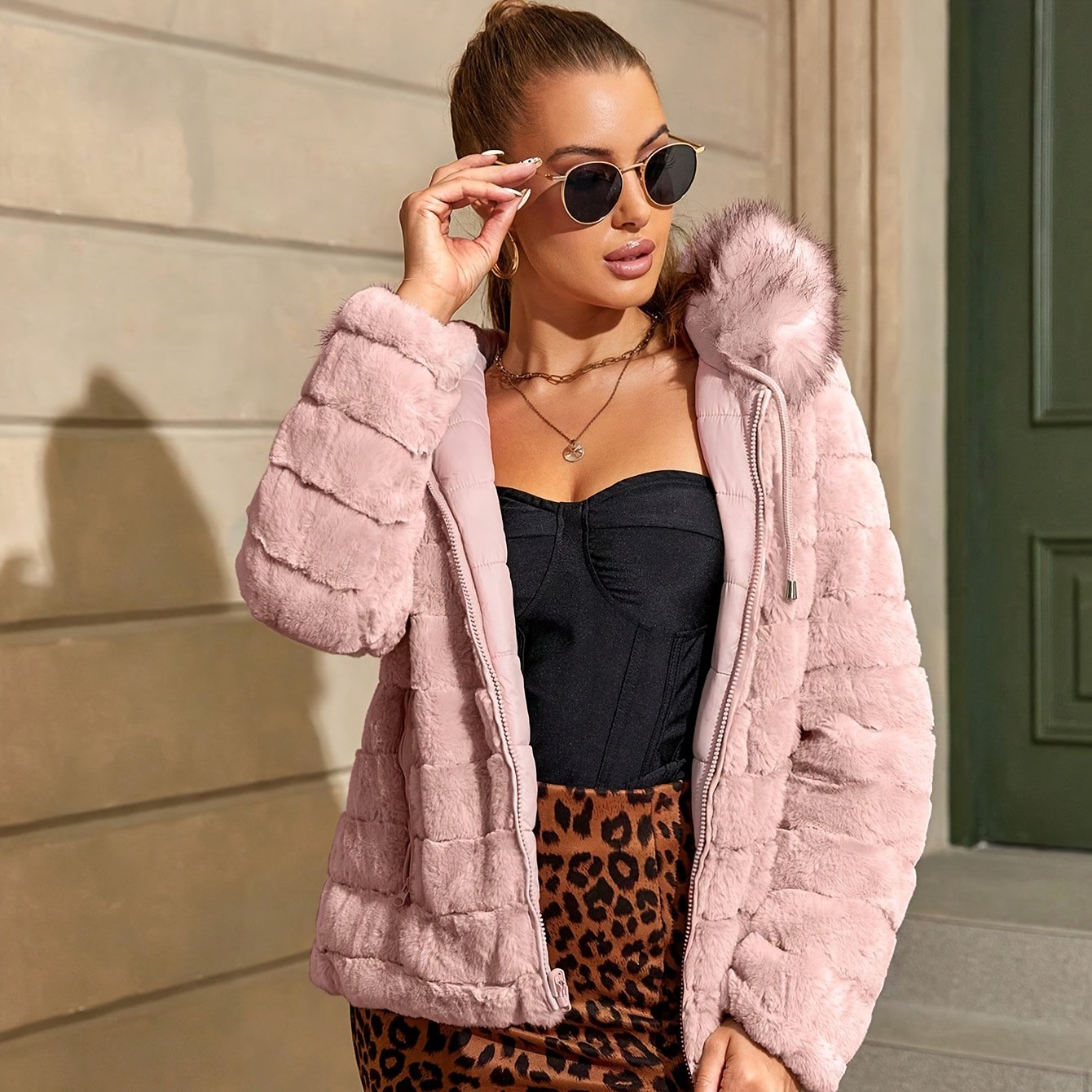 Women'S Heavyweight Winter Coat - Dual-Sided Reversible Jacket with Full-Zip Front, Hooded Collar, Two-Way Zipper Closure - Warm Outerwear for Cold Weather, Office, Travel - Elegant Brown Coat (Size & Wash Label in Pocket), L