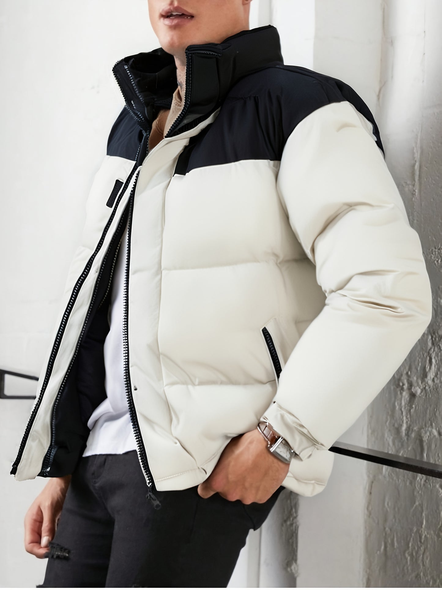 Men's Winter Color-Block Jacket with Stand Collar - Black & Casual Outdoor Warm Coat, Polyester-Filled Zipper Front, Regular Fit for Cold Weather, No Stretch Fabric