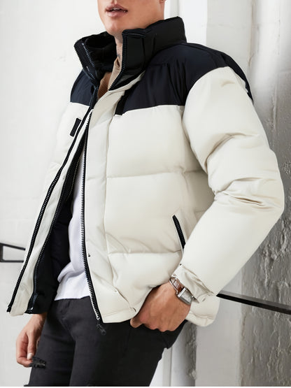 Men's Winter Color-Block Jacket with Stand Collar - Black & Casual Outdoor Warm Coat, Polyester-Filled Zipper Front, Regular Fit for Cold Weather, No Stretch Fabric