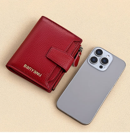 BANYANU Women'S Genuine Faux Leather Wallet - Red Lychee Grain Texture, Multi-Card Slots, Zippered Coin Pocket, Detachable ID Window, Compact Design for Everyday Use, Secure Coin Storage | Stylish Wallet | Synthetic