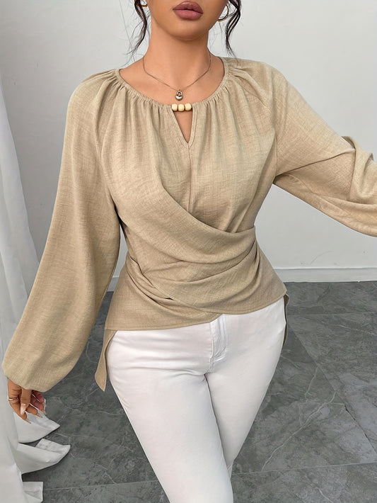 Women'S Elegant Beaded Wrap Shirt - Long Sleeve Round Neck Blouse with Beaded Embellishment, Solid Burgundy/Red/Pink/ - Casual to Formal