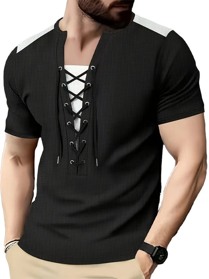 Men'S Casual Waffle Knit Short Sleeve T-Shirt with Drawstring Detail - Maroon  Black, Round Neck, Breathable Polyester Fabric for Summer Outings, Casual Weekend Wear   Round Neck Tee   Stylish Contrast Stitchin