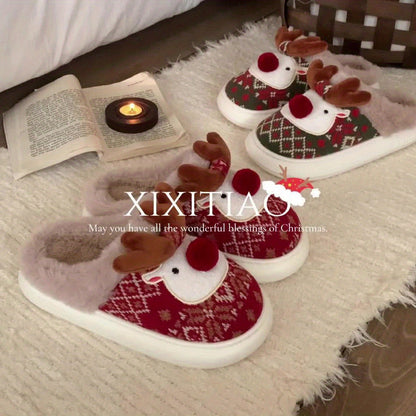 XIXITIAO Women's /Korean Style Winter Slippers - Deer & Reindeer Pattern Cozy Warm Booties, Soft Fabric & Sole for Indoor/Outdoor Use, Cute Animal Shoe for Christmas, Hand Washable