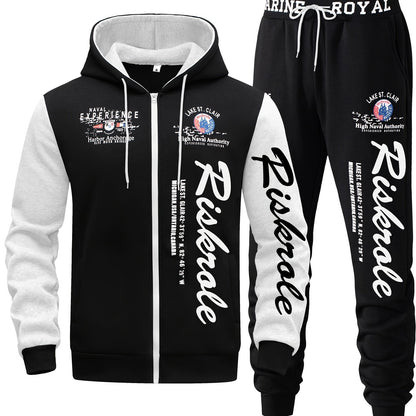 Men's Hooded Letter Print Tracksuit, 2pcs Casual Sports Set, Fashion Hoodie With Full-zip And Elastic-waist Pants, Regular Fit, Outdoor Cloth
