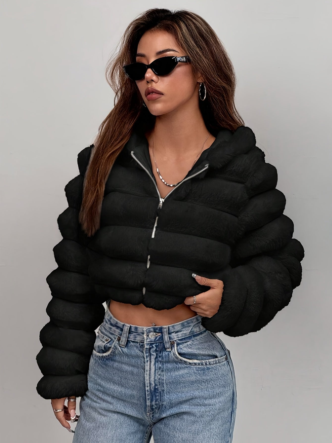 Women'S Elegant Black Faux Fur Hooded Jacket - Short Length Winter Coat with Zipper Closure, Long Sleeves, Solid Color, Casual Style for Fall/Winter, Winter Outerwear | Elegant Hooded Jacket | Zipper Closure Jacket