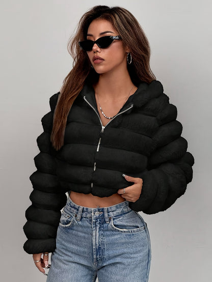 Women'S Elegant Black Faux Fur Hooded Jacket - Short Length Winter Coat with Zipper Closure, Long Sleeves, Solid Color, Casual Style for Fall/Winter, Winter Outerwear | Elegant Hooded Jacket | Zipper Closure Jacket