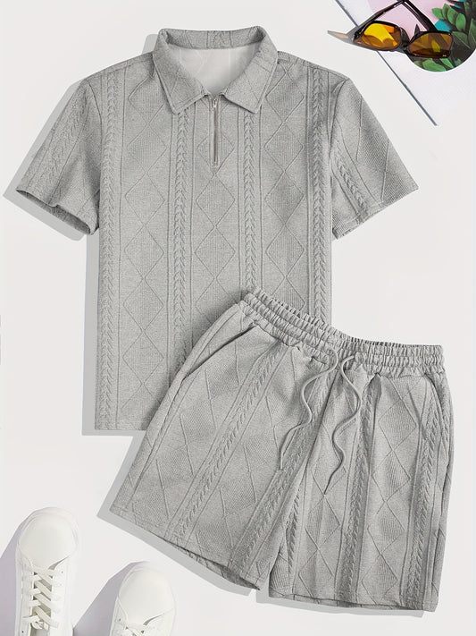 Men's Suit Short Sleeve Shorts Jacquard Casual Zipper Fashion Summer Outerwear Two Piece Set
