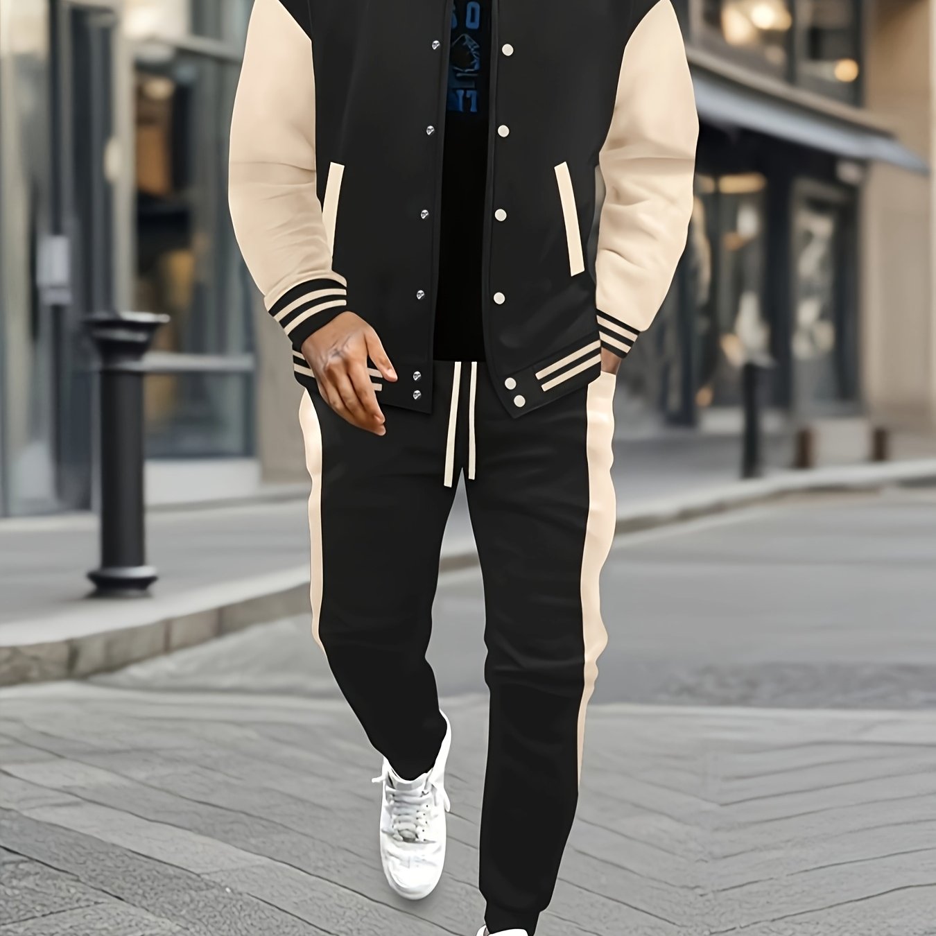 Men's Casual Baseball Jacket & Pants Set - Color Block, Polyester, Button-Up with Belt Detail for Spring/Fall