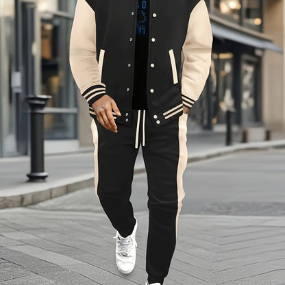 Men's Casual Baseball Jacket & Pants Set - Color Block, Polyester, Button-Up with Belt Detail for Spring/Fall