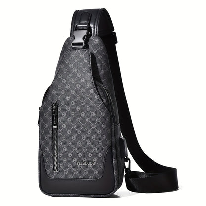 HUABUPS Men'S Crossbody Backpack - Black PVC Business Commuter Bag with USB Charging, Adjustable Strap, Multiple Compartments  Durable Design for Travel, Hiking, Daily Use - Ideal Gift for Men, Hiking Gear, Stylish Accessory