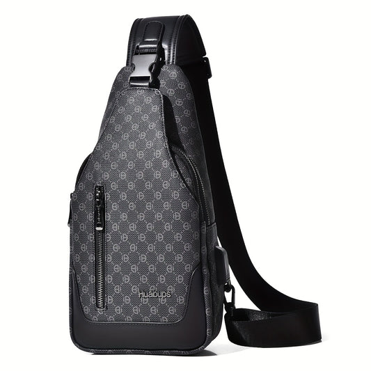HUABUPS Men'S Crossbody Backpack - Black PVC Business Commuter Bag with USB Charging, Adjustable Strap, Multiple Compartments  Durable Design for Travel, Hiking, Daily Use - Ideal Gift for Men, Hiking Gear, Stylish Accessory
