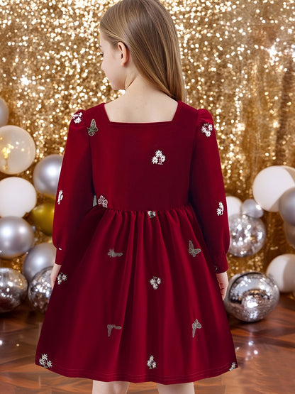 Dreamy Party Dress for Girls - Sweet 3-D Bow with Playful Embroidered Accents, Long Sleeve Spring/Fall Holiday Gathering Outfit