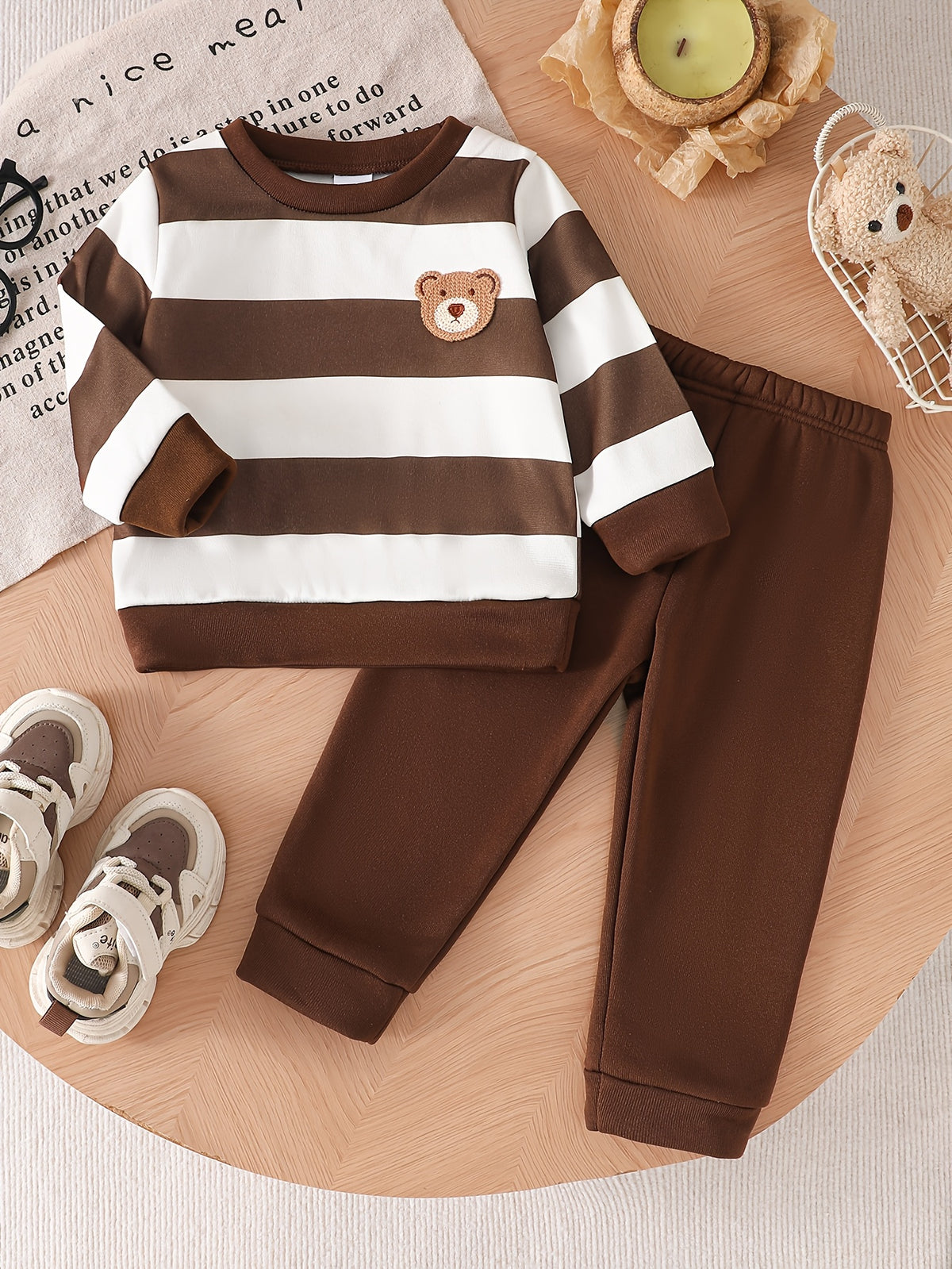 Baby Boy Fall Winter Striped Velvet Sweatshirt and Pants Set - ayq