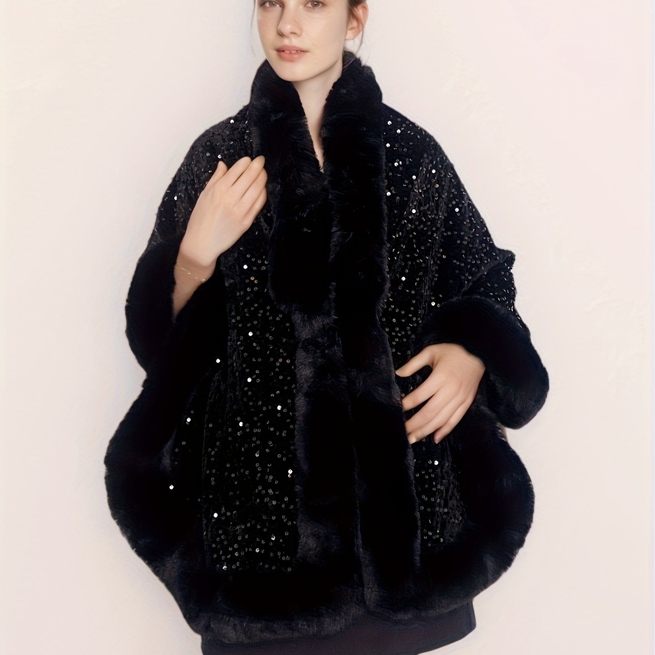 Plus Size, Women's Elegant Shawl Cloak Poncho - Luxury Brown Cape with Sparkling Glamour, Thick Winter Coat for Parties, Formal Events - Non-Stretch Fabric, Easy Care Elegant Wrap for Everyday Special Occasions, Party Wear, C