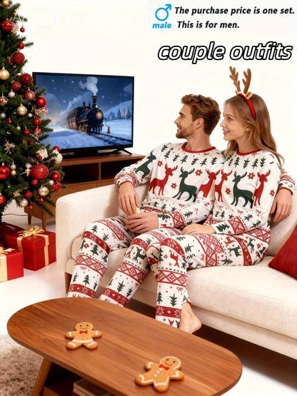 [MEN/WOMEN] Couple Style Christmas Pajamas Loungewear, New Year Gift Christmas Reindeer Print Top with Striped Pants, Long Sleeve Long Pants Pajama Set for Men or Women, Holiday Loungewear Set