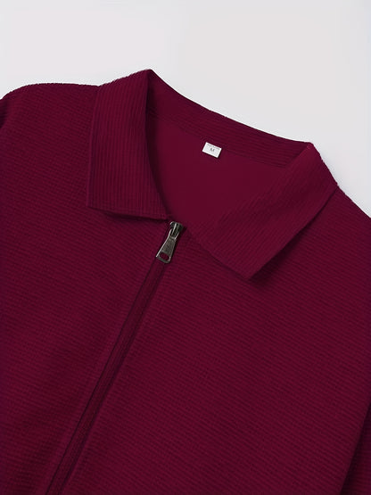 Men'S Solid Color Waffle Texture Zipper Jacket - Full-Zip Casual Coat with Full-Zip Closure, Long Sleeve Lapel Collar, /Navy Brown/