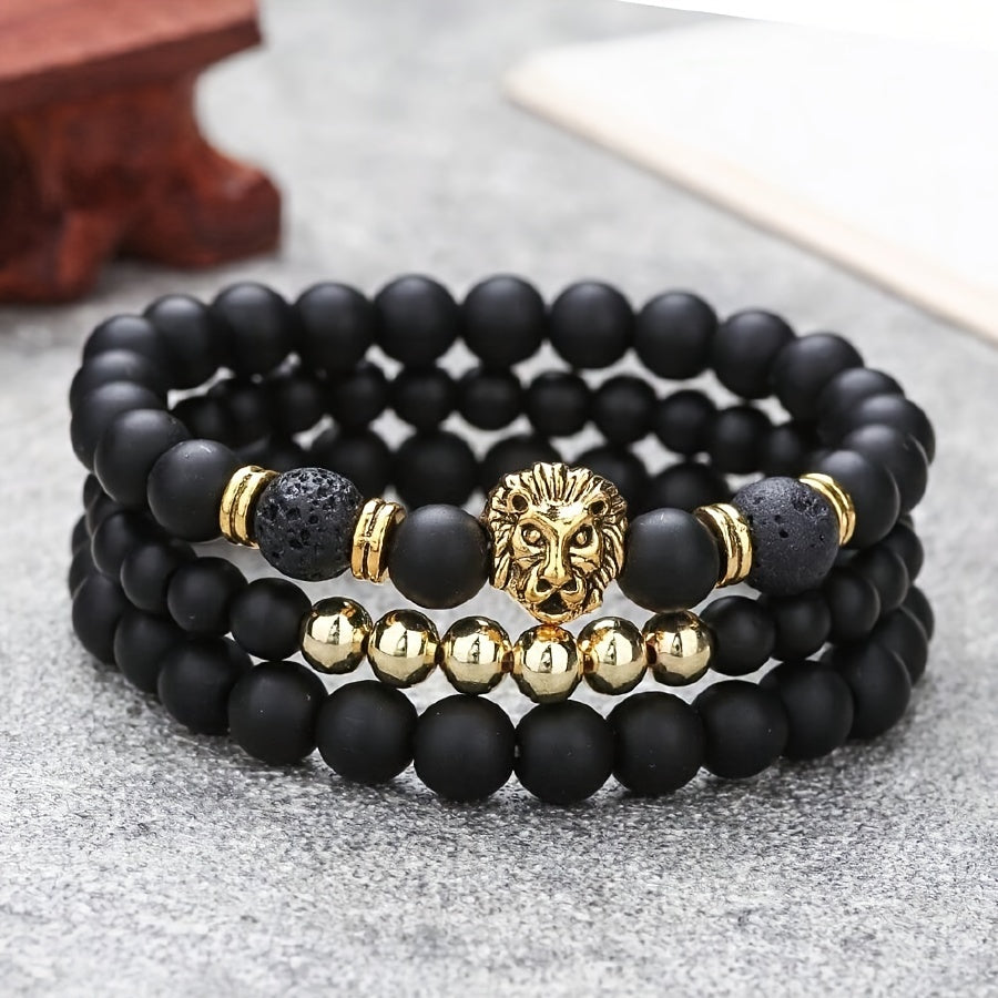 3pcs Retro Punk Style Lion Head Bracelets, Men's Stretchy Beaded Bracelets Set