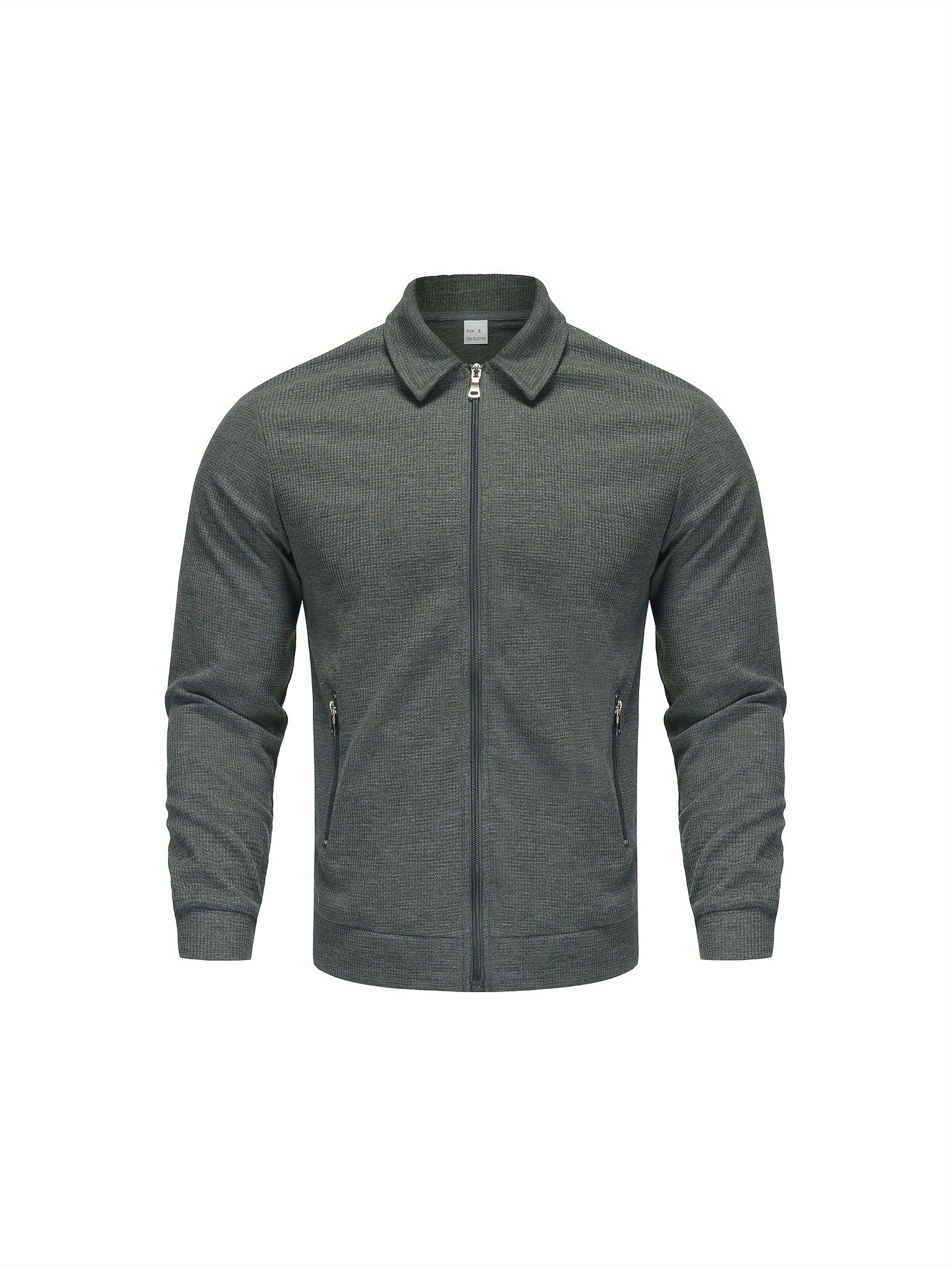 1pc Men'S Casual Polyester Zip-Up Jacket with Lapel Collar, Solid Color, Slight Stretch, Woven Fabric, Regular Fit, No Lining - Spring/Fall Outerwear