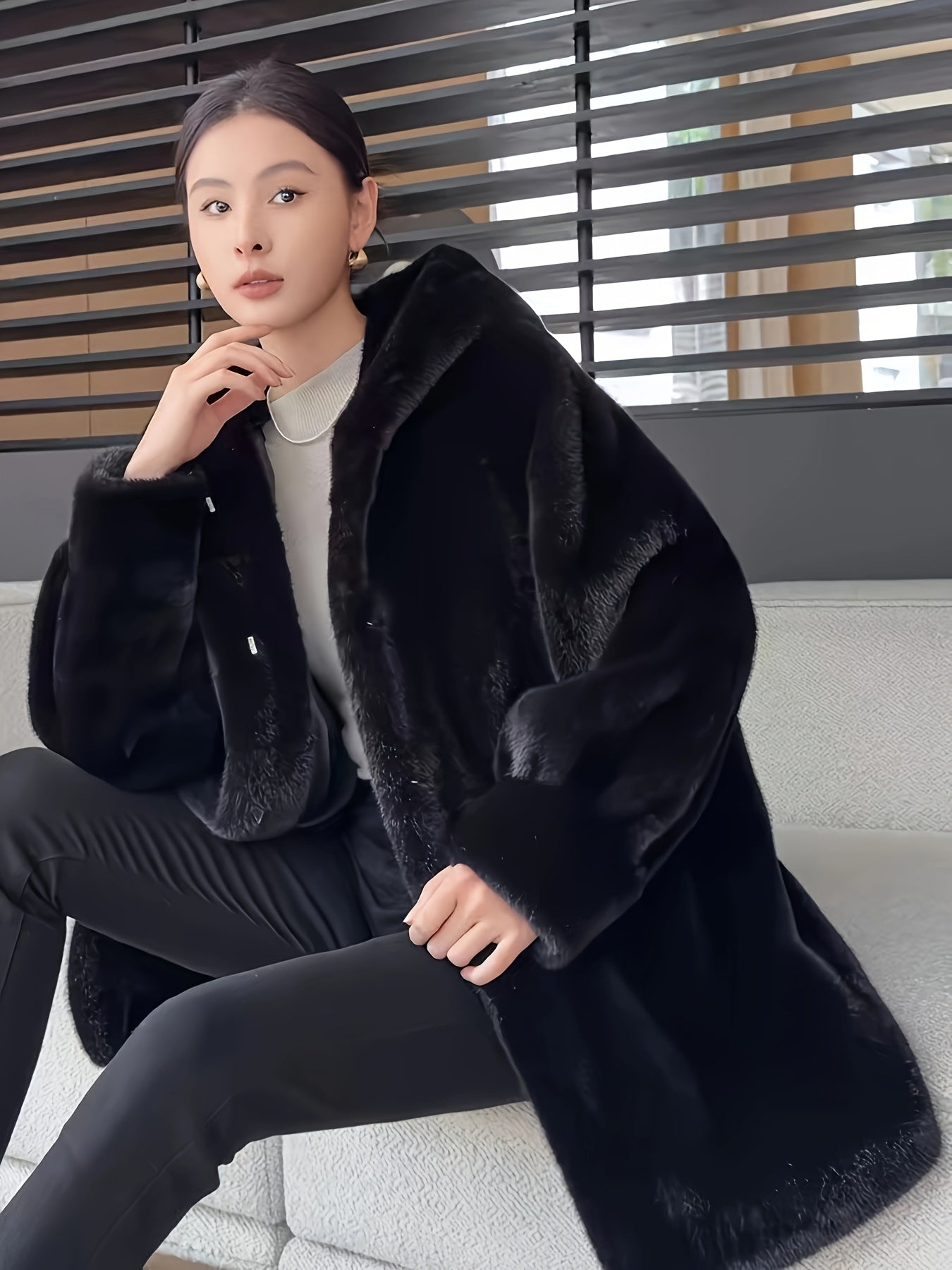 Women's Oversized Faux Fur Coat with Plush Collar & Full-Length Fur Trim - Winter Warm A-Line Mid-Length Jacket, Machine Washable Large Size Winter Coat for Women, Elegant Outerwear for Casual & Formal Events (Solid Black, Br