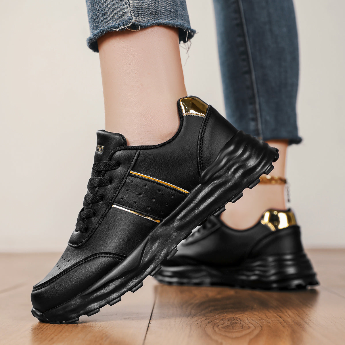DJSUNNYMIX Women's Casual Running Shoes with Golden Glitter Accents - Lightweight EVA Sole, Breathable Fabric Lining, Low-Top Lace-Up Design for All-Season Comfort  Style, Sporty Footwear   Flexible Footwear