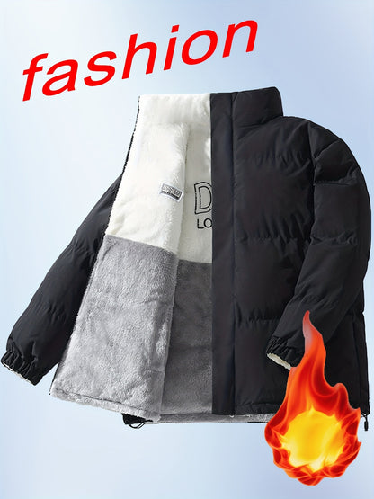 Men'S Double-Sided Fleece-Lined Thickened Jacket - Casual Stand Collar with Letter Print, Regular Fit, Pockets, Polyester Fill, Versatile for Fall/Winter, Winter Jacket