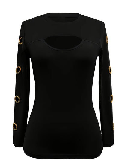 Women's Elegant Black Long Sleeve T-Shirt with Golden-Tone Circular Buttons - Round Neck Medium Stretch Top for Spring & Fall, Solid Color Regular Fit Casual to Semi-Formal Wear, Transitional Season Clothing, Sophisticated Bu