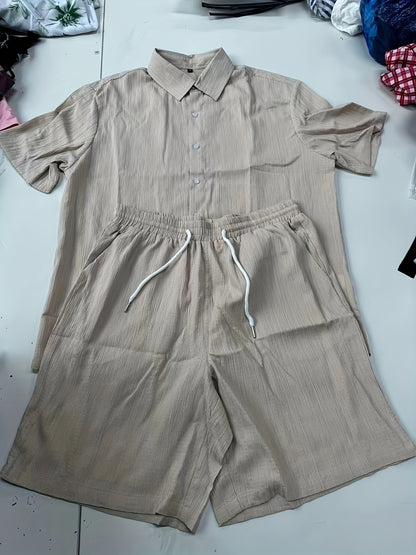 1085 Men's Solid Color Short Sleeve Button- Shirt and Shorts Casual Two-Piece Set