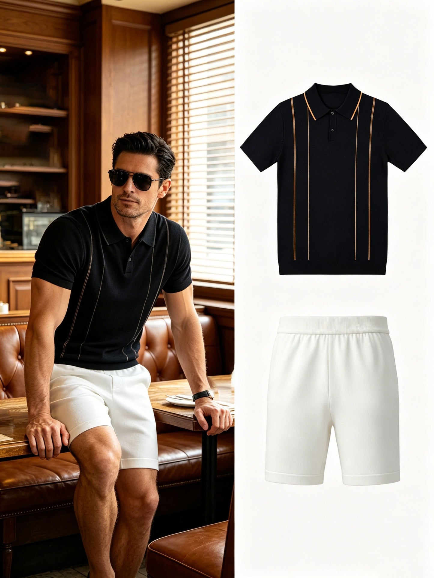 Men's Contrast Knit Polo & Loose Waist Shorts Set, Casual Fit