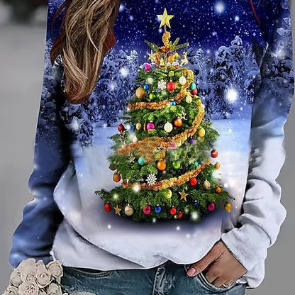Christmas Tree Print Sweatshirt, Casual Long Sleeve Crew Neck Sweatshirt, Women's Clothing
