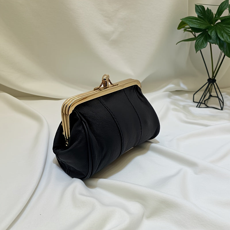 Vintage-Style Genuine Leather Clutch with Golden Metal Frame – Black Mini Wallet for Women, Compact Coin Purse & Key Holder, Elegant Textured Design